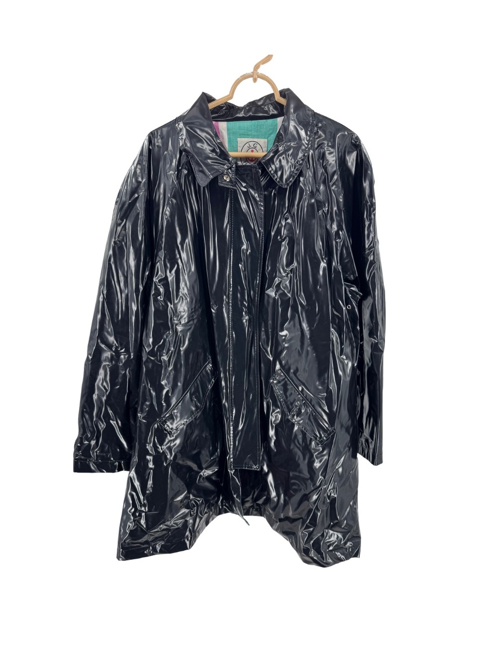 JG Hook vintage Women's Shiny Black Raincoat Gloss Finish L PVC cotton lined